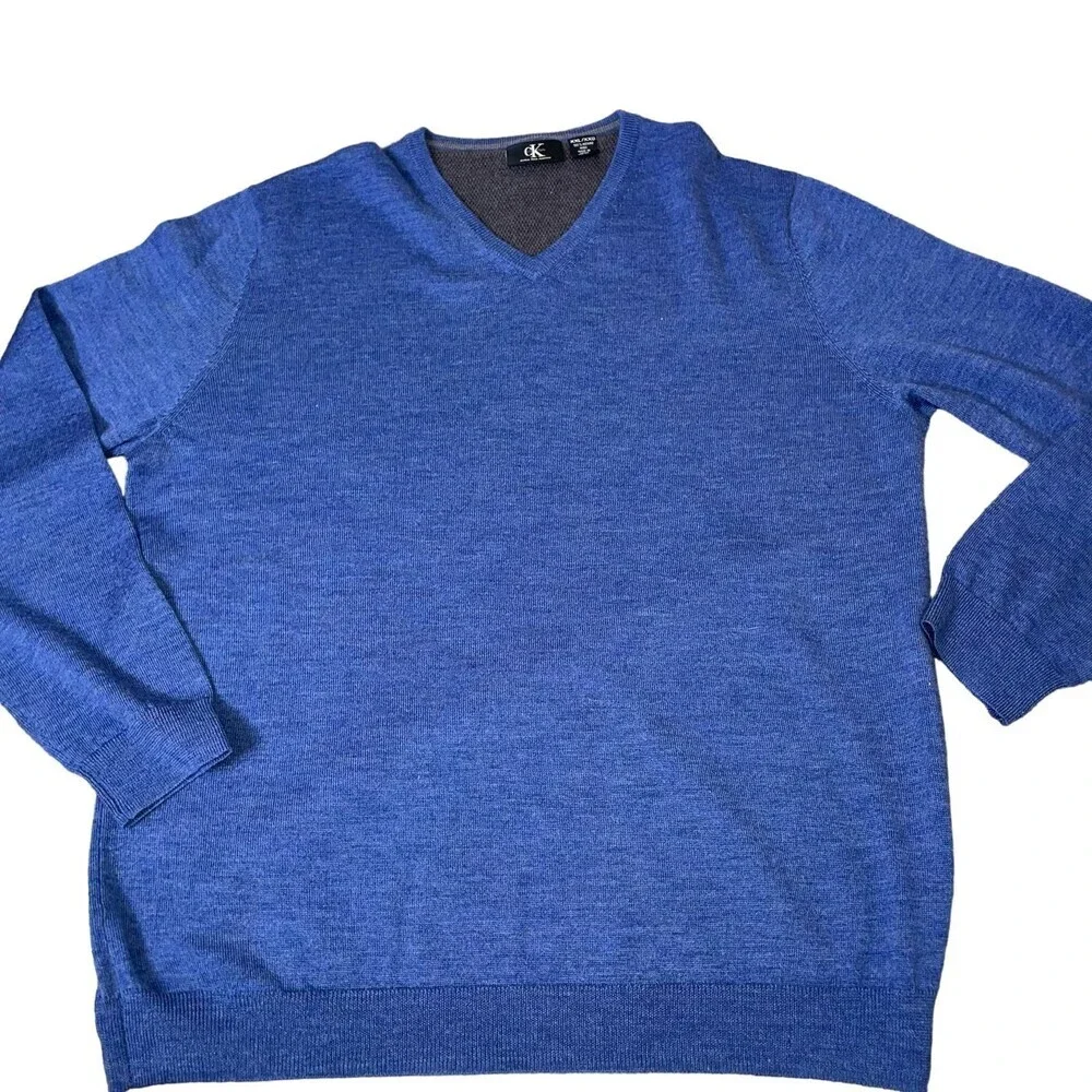Calvin Klein sweater extra fine merino wool blue V-neck SZ XXL